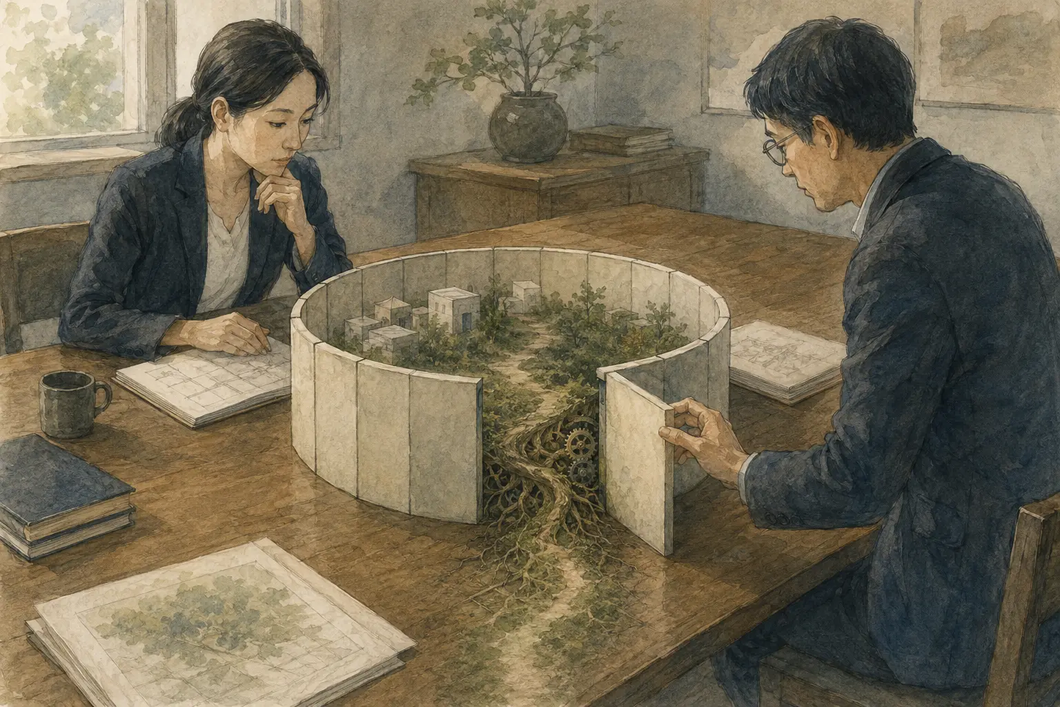 囲いの一部を開き、内側の根と歯車を調べる二人の挿絵