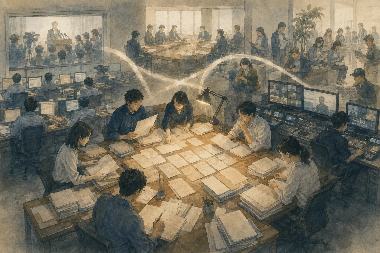 新聞とテレビの編集卓を中心に、政治家、企業、読者との関係を描いた挿絵